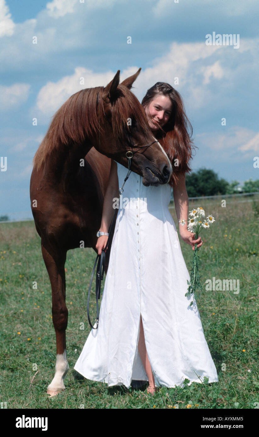 Junge Frau im weissen Hochzeitskleid mit Araber Vollblutpferd Maedchen und Pferde Araber Posing Model Mensch und Pferd Stock Photo