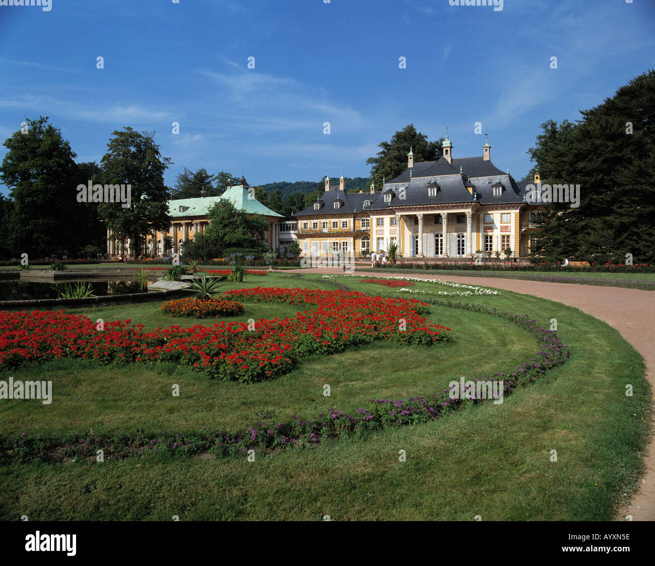 Schloesser Pillnitz, Bergpalais, Park, Gartenanlage, Blumenbeete