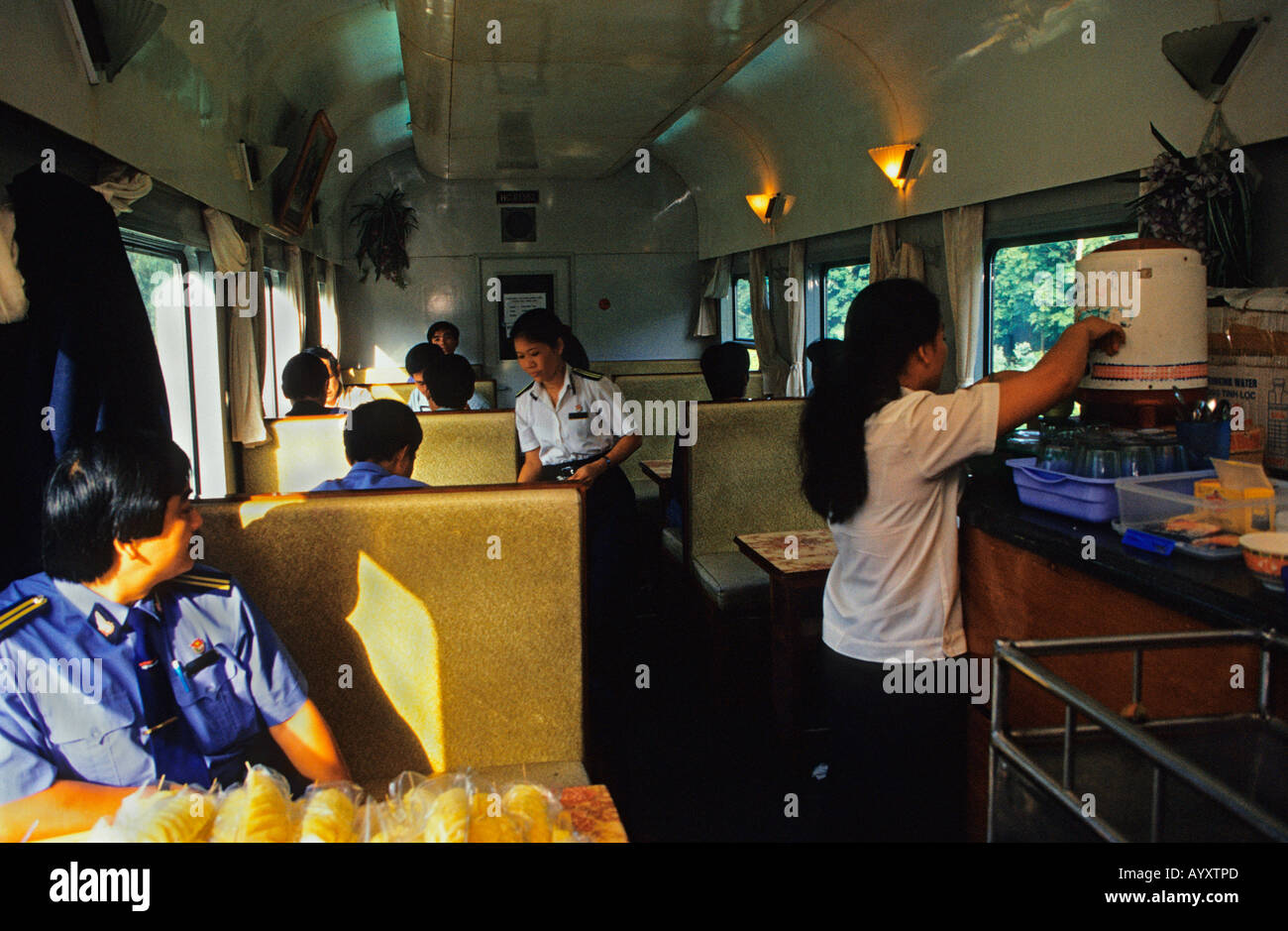 Restaurant of the Reunification Express train, that runs from Ho Chi Minh City (Saigon) to Hanoi.Vietnam Stock Photo