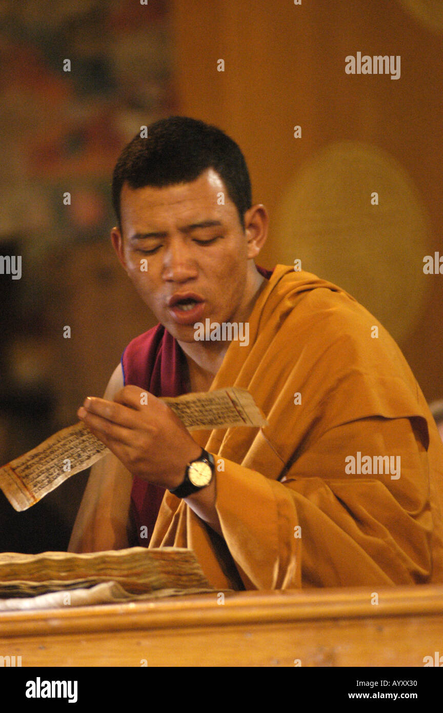 Tibetan monk during morning prayer puja in Thiksey Monastery Ladakh