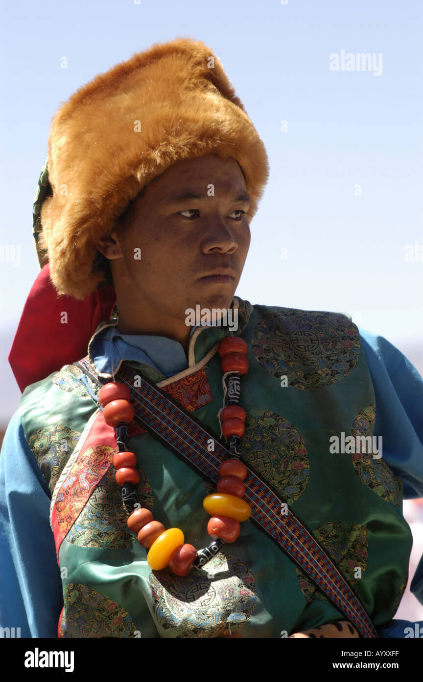 Portrait of traditional fur hat Tibetan men during Ladakh festival Leh