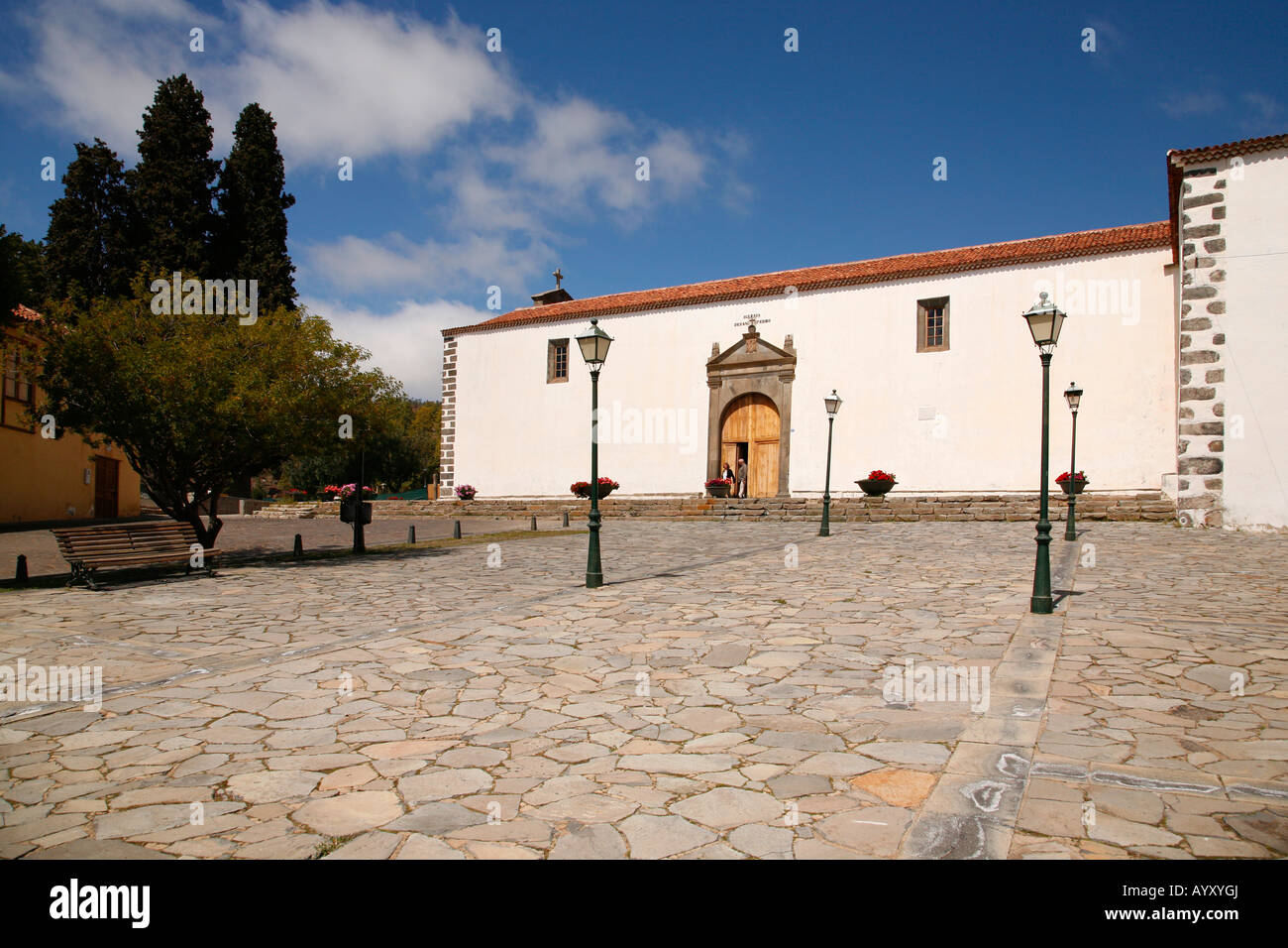Large cobbled courtyard and church in Tenerife Stock Photo