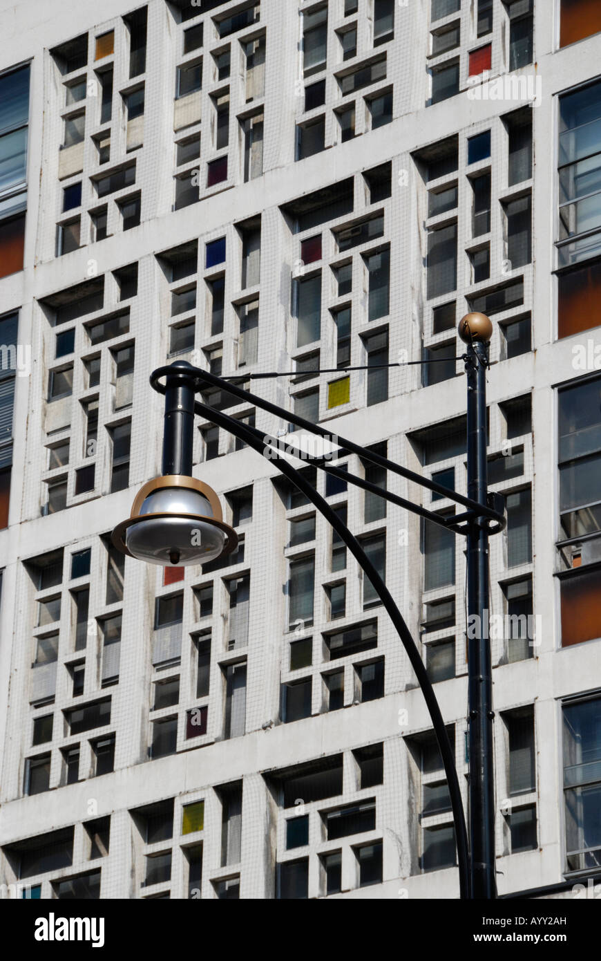 Close up of streetlamp and London College of Fashion building on Oxford Street London Stock Photo