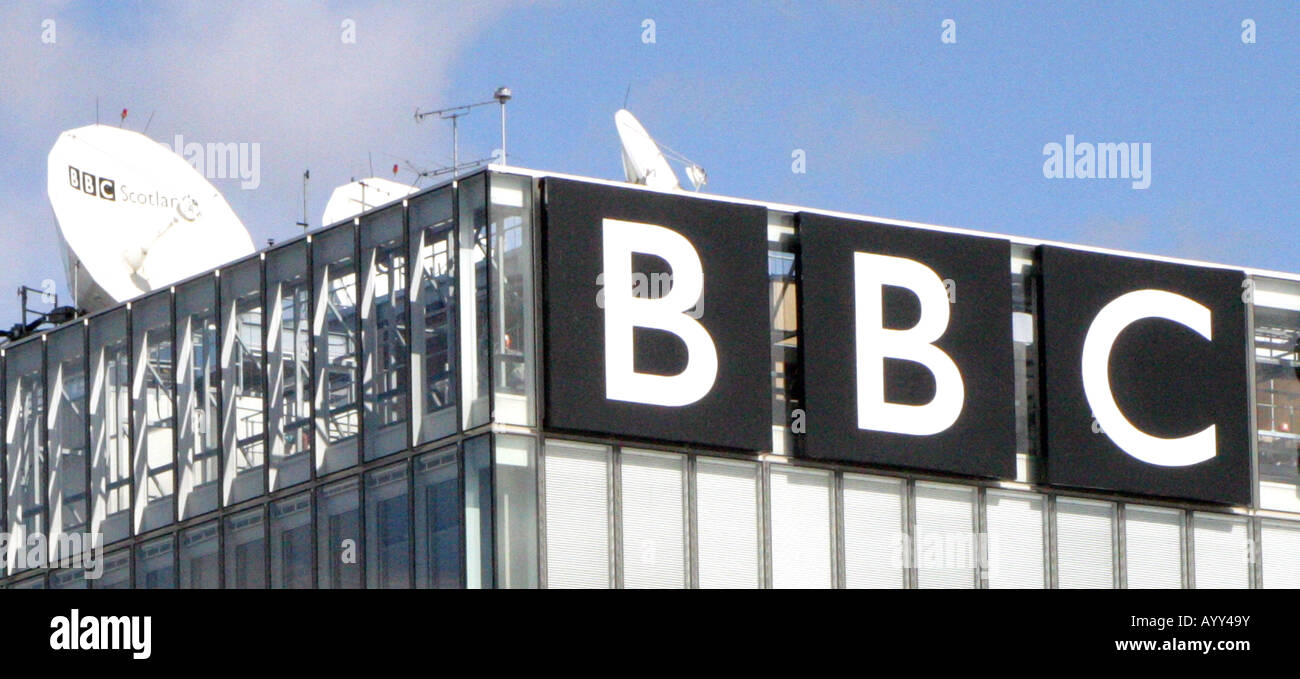 BUILDING LOGO ON THE NEW BBC SCOTLAND HQ AT PACIFIC QUAY,ON THE RIVER CLYDE IN GLASGOW,SCOTLAND,UK. Stock Photo