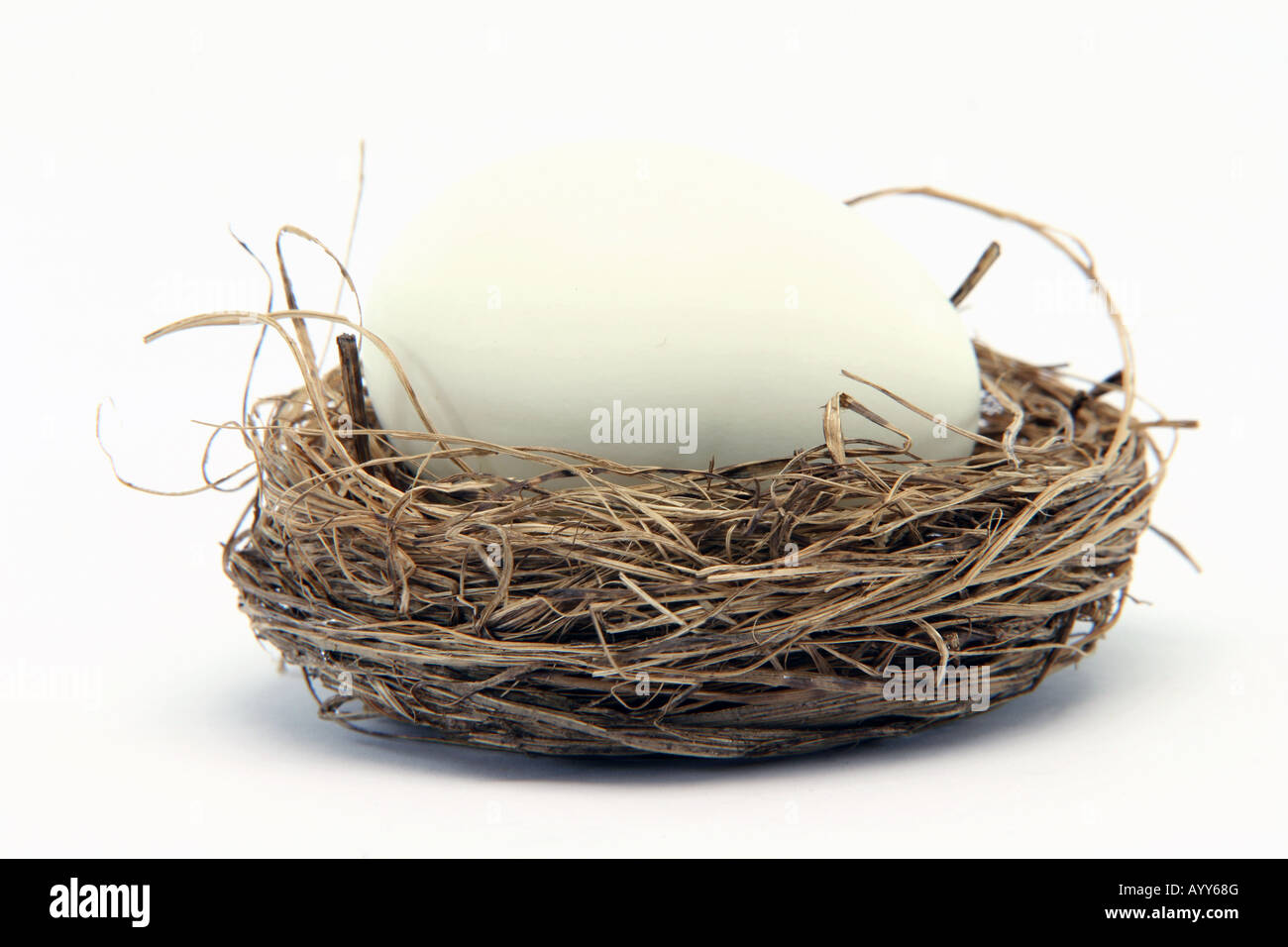 big white egg in a small nest isolated on white background Stock Photo