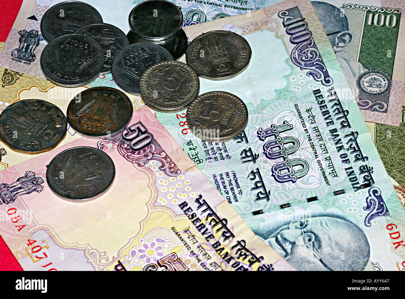 Indian Currency, coins and banknotes. Stock Photo