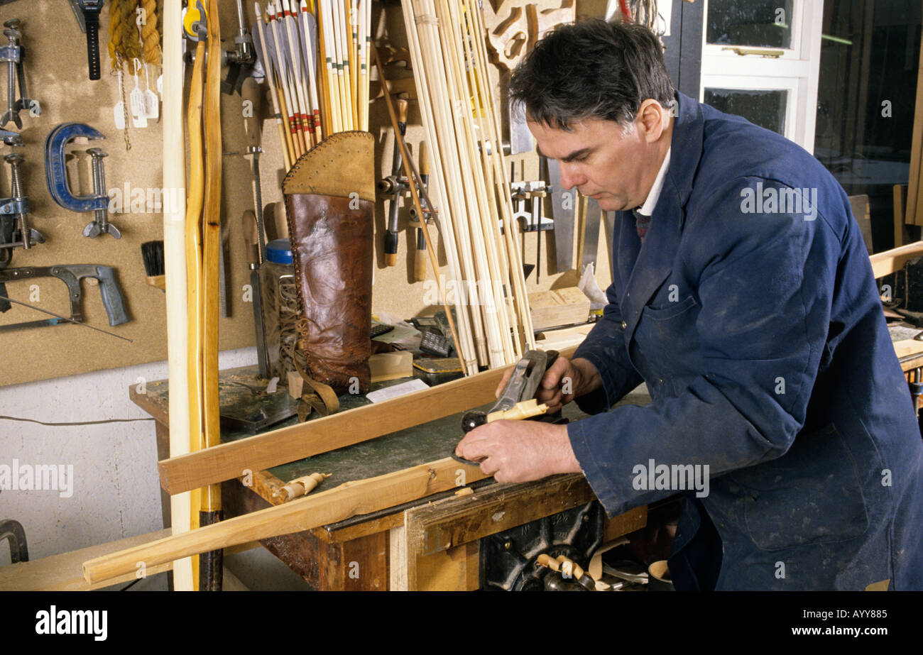 Bow and arrow maker Christopher Boyton in his at Hayes Stock