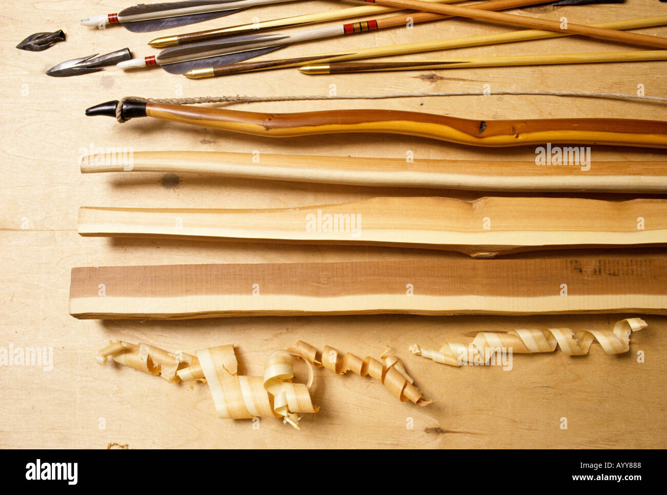 The parts of bows and arrows being made craftsman Christopher Boyton in