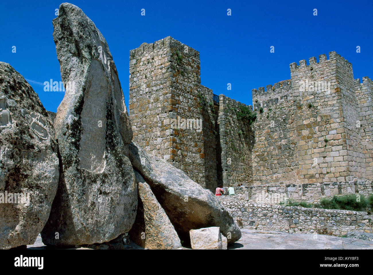 Peruvian Castle Tourists sit in front of the imposing towers of the mediaeval castle ...