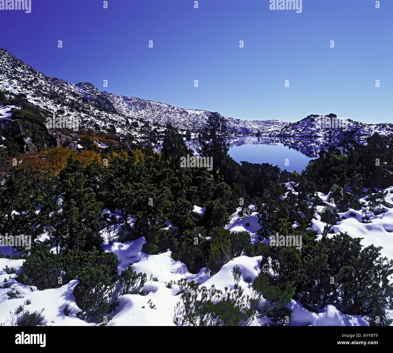 snow around a mountain tarn Stock Photo