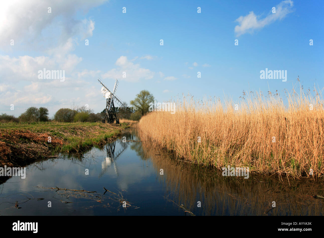 Boardman's Drainage Mill with Reflection Near How Hill, Ludham, Norfolk, UK. Stock Photo