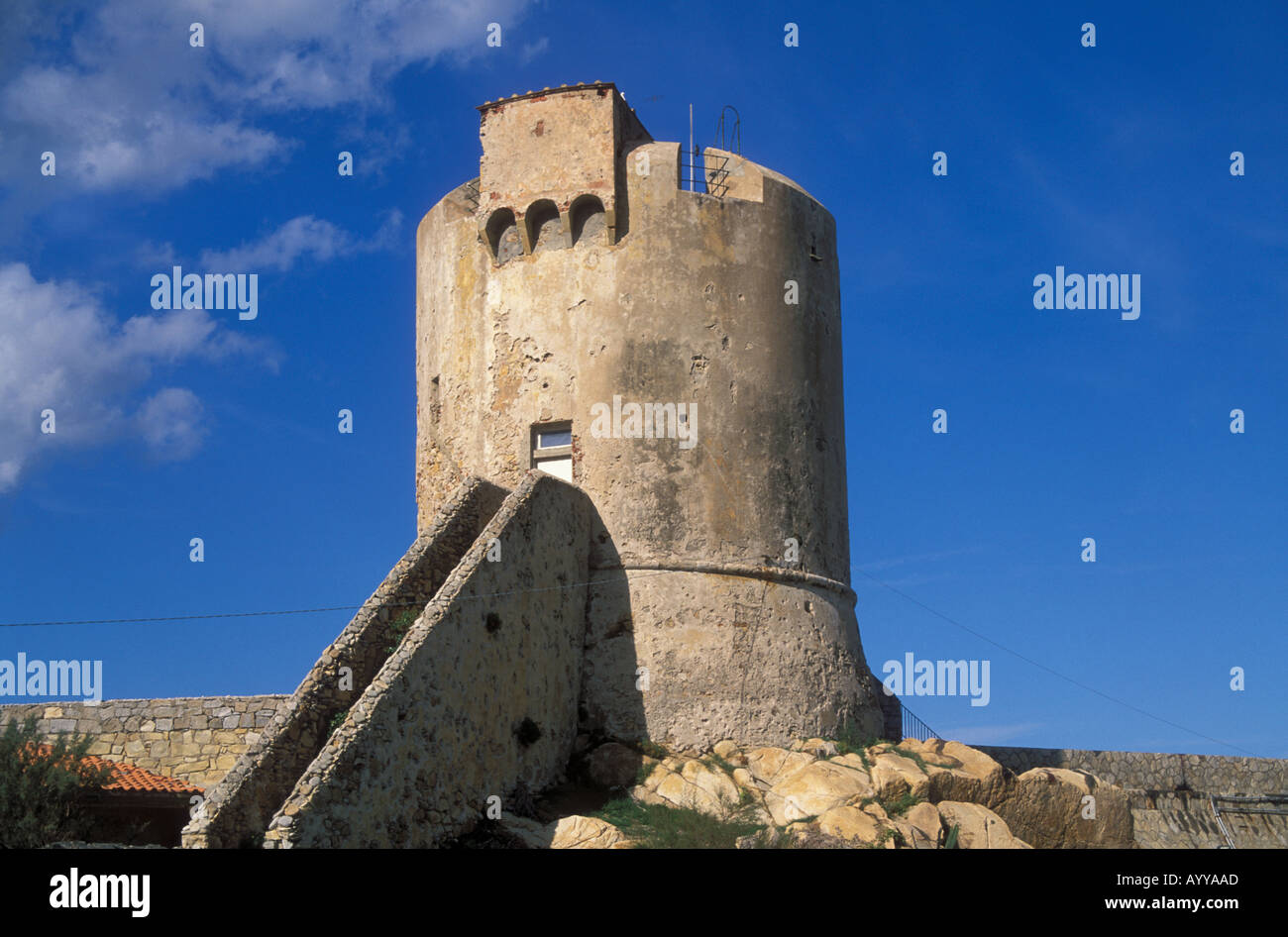 Pisana watchtower 12th century harbor at Marciana Marina Island Elba Italy Stock Photo