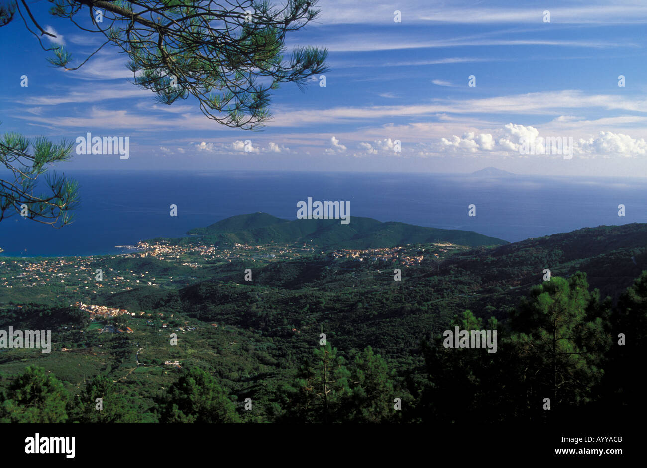 View from mountain toward Gulf Golfo di Campo in back Island Monte Christo Island Elba Italy Stock Photo