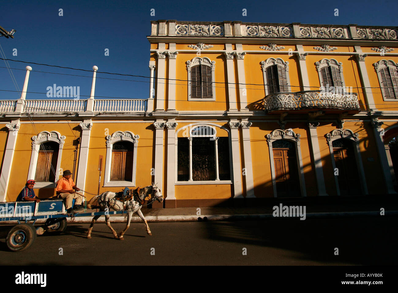 horsecart in front of Banco de America Central in Granada Nicaragua Stock Photo