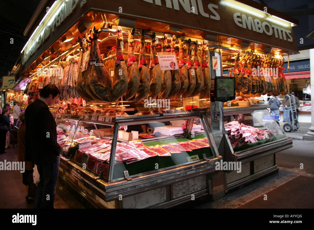 Cold Meats and Sausages on a Delicatessen Stall. Mercat de La Boqueria ...