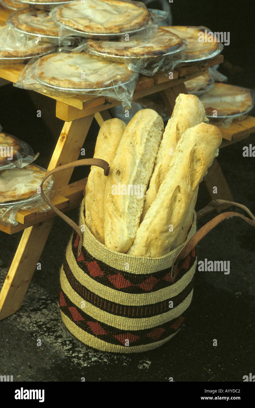 French bread and fresh pies at a local farmer s market in Canada Stock Photo