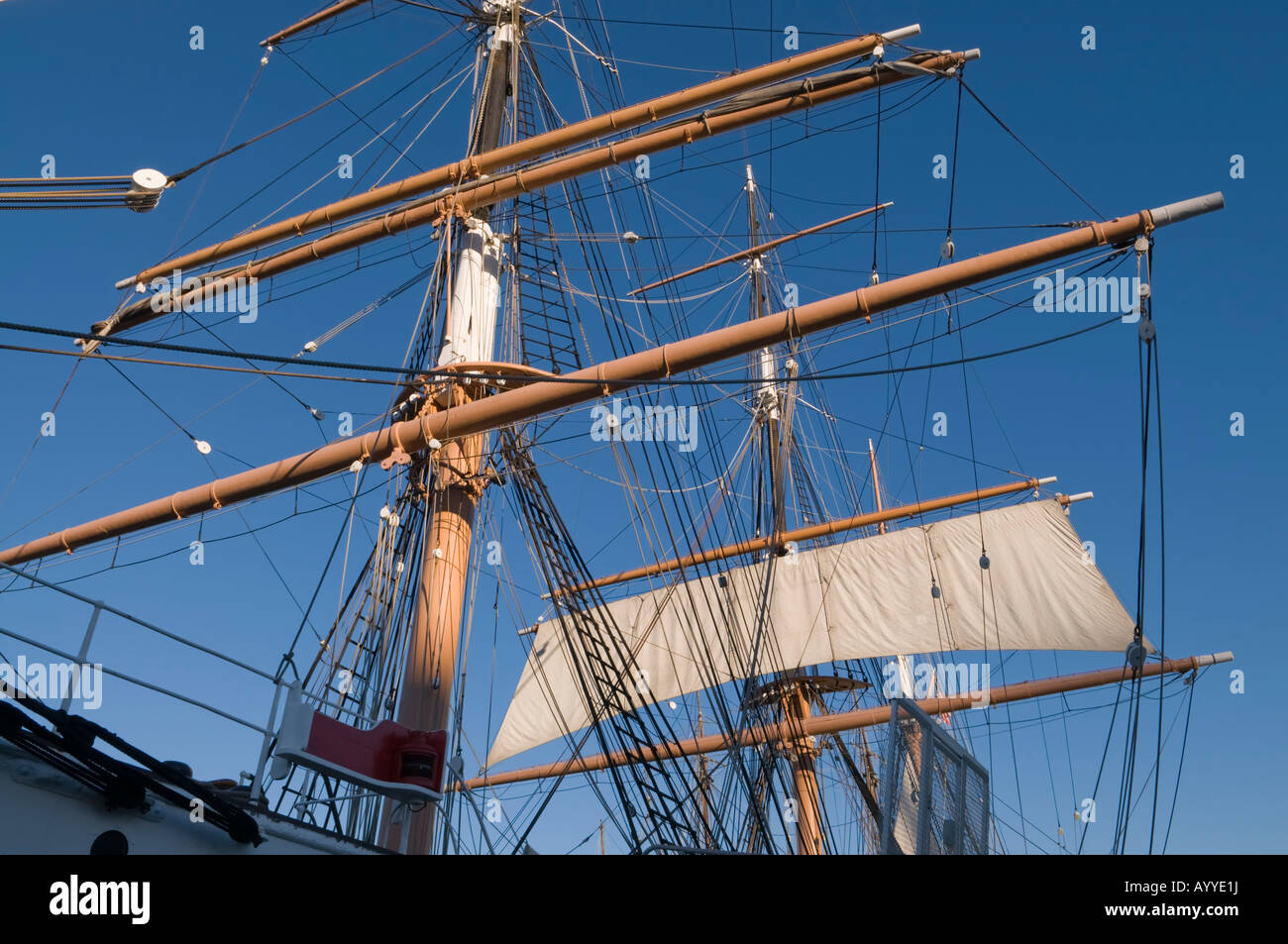 Masts of the tall sailing ship Star of India docked in San Diego Harbor