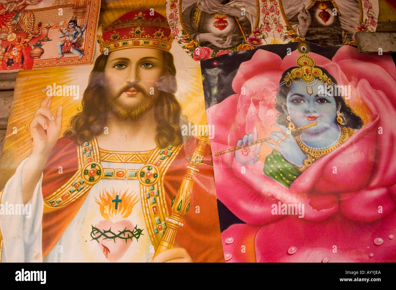 Indian religious poster of Jesus Christ and Lord Krishna Stock Photo