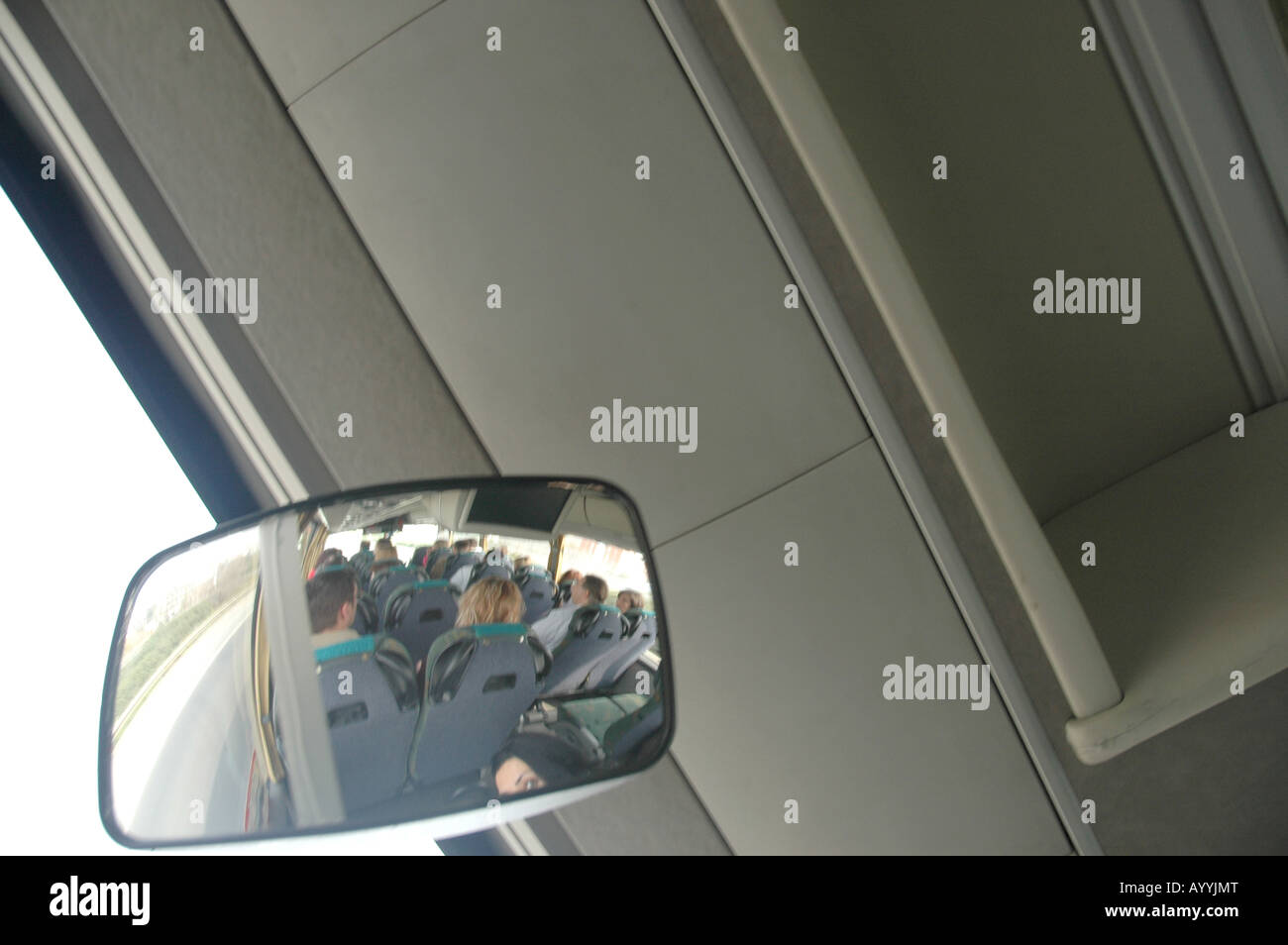 traveling travelling travel Reisen Transport transport Bus bus interior mirror Innenspiegel passengers Passagiere photoshooting Stock Photo