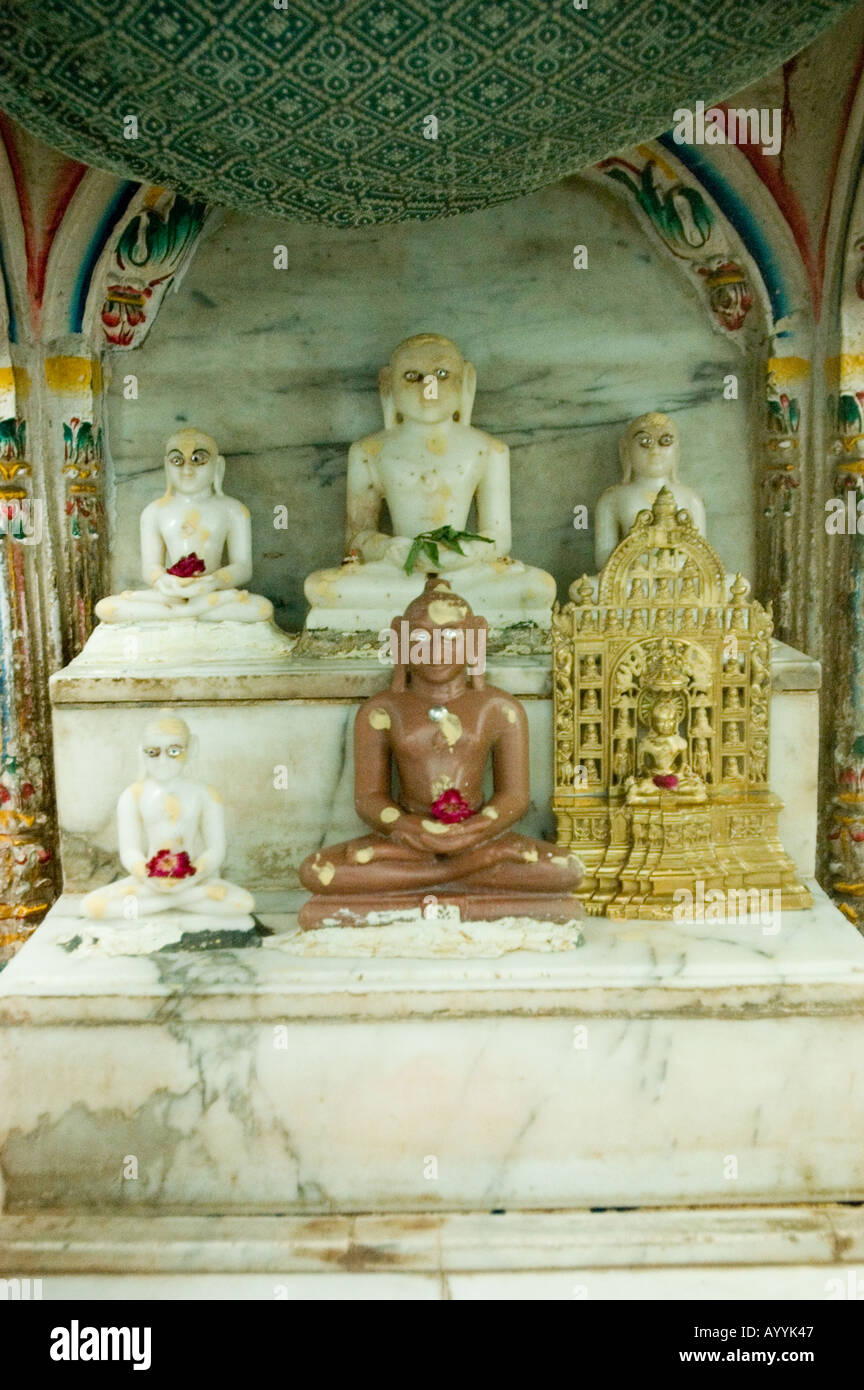 Jain temple interior altair with statues of Mahavira or Mahavir Varanasi Uttar Pradesh India Stock Photo