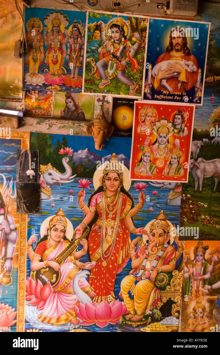 Indian religious poster shop with Hindu gods and Jesus Chris New Delhi