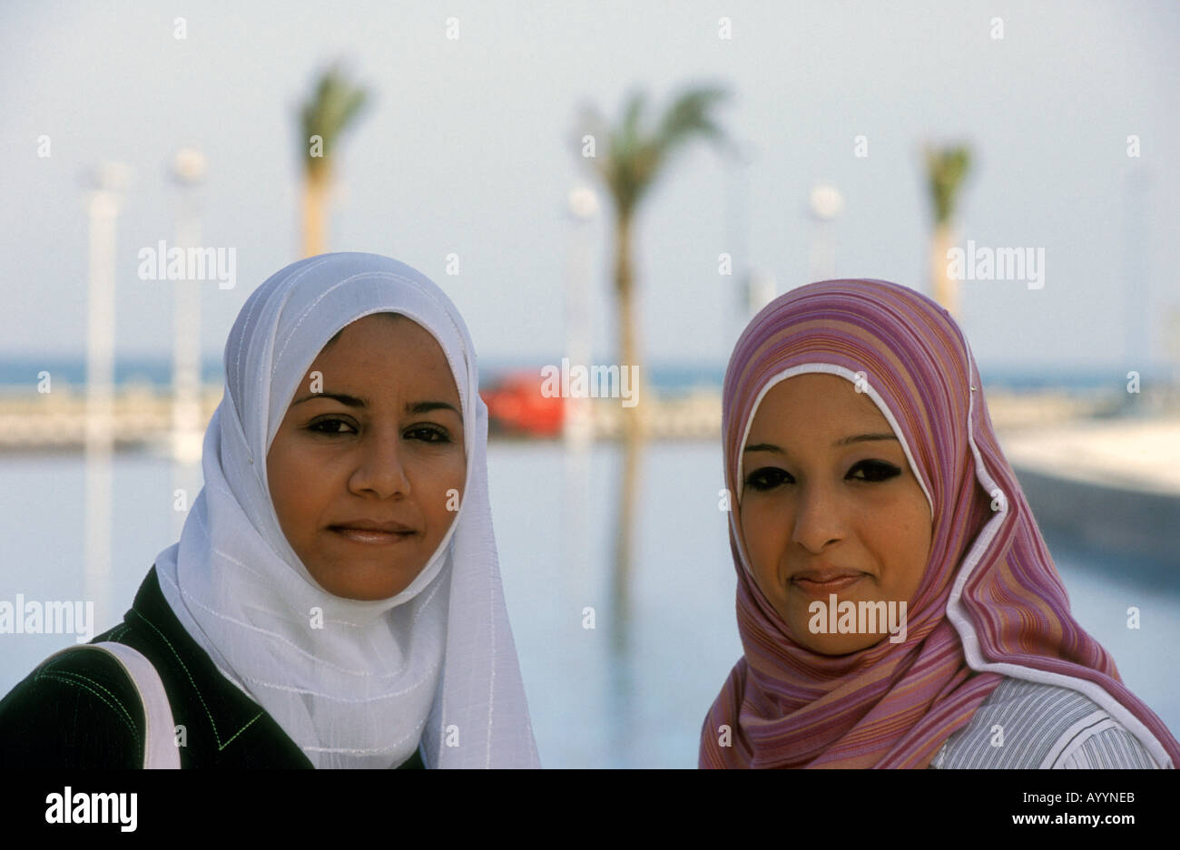 Two young Muslim girls beside the Bibliotecha  Alexandrina, Alexandria, Egypt. Stock Photo