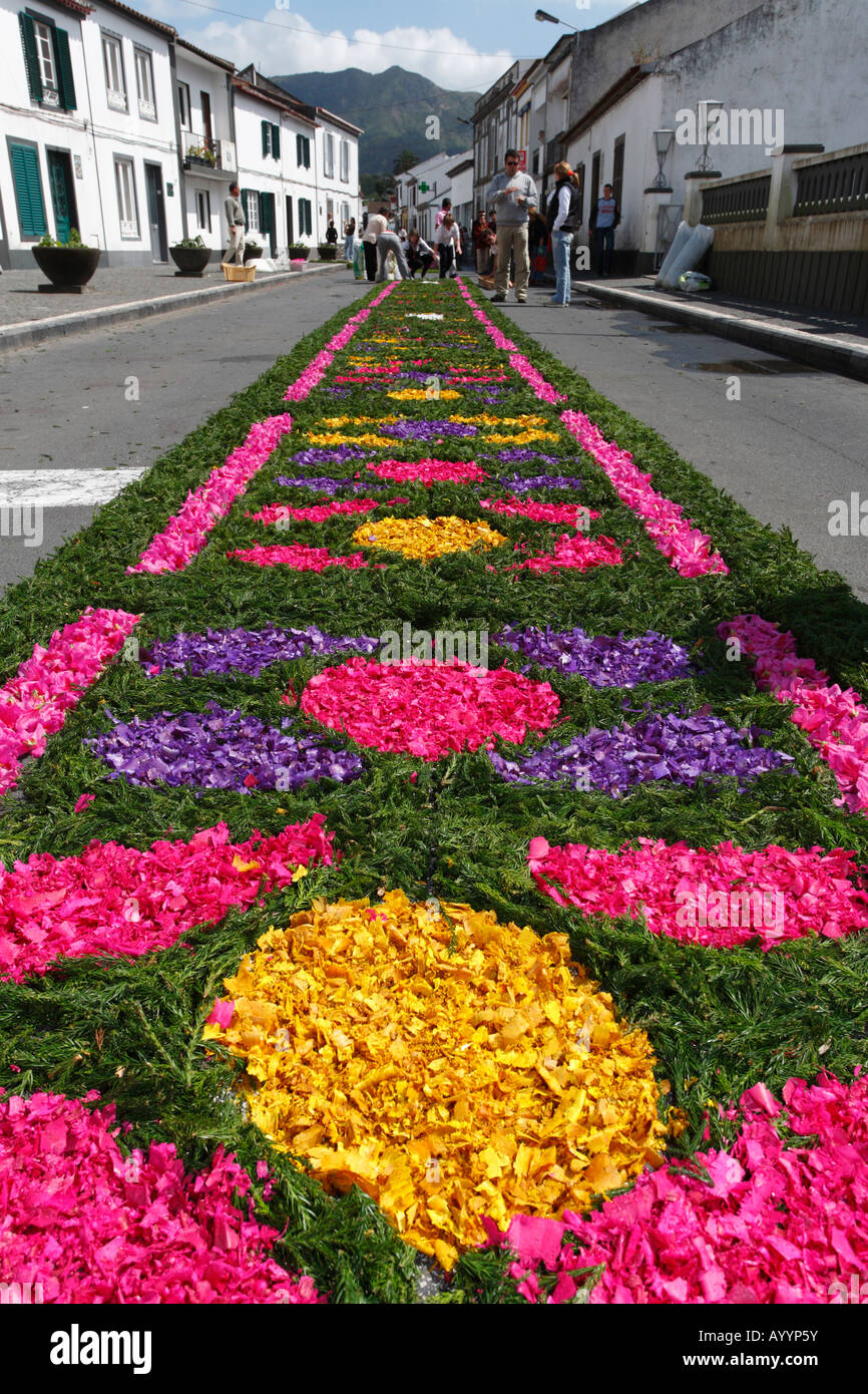 The streets of Furnas decorated for the Procissao do Senhor dos Enfermos. Azores islands, Portugal Stock Photo