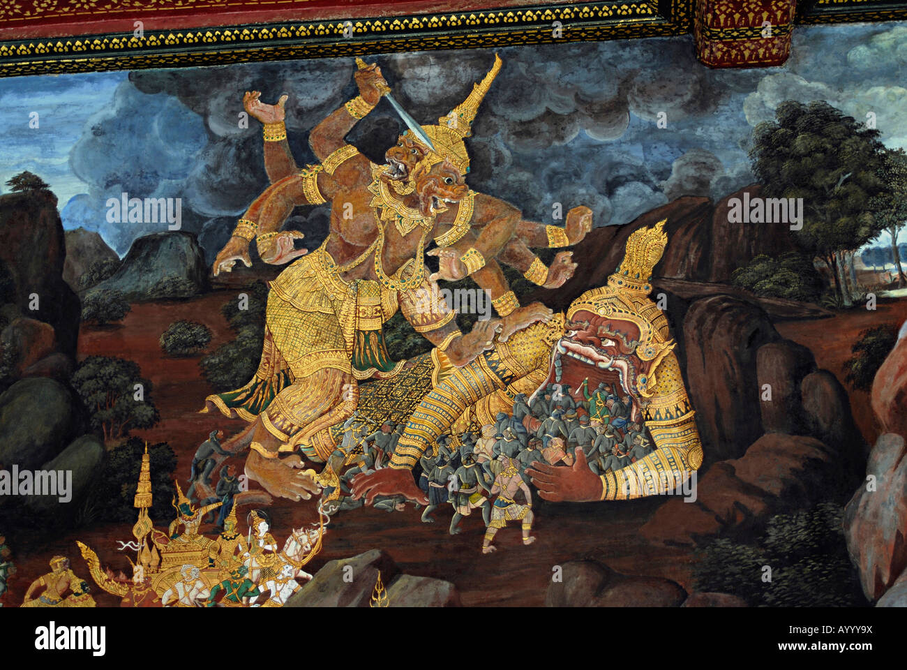 Thailand, Bangkok 14th century. A.D. Wall painting depicting Demon in right  Stock Photo - Alamy