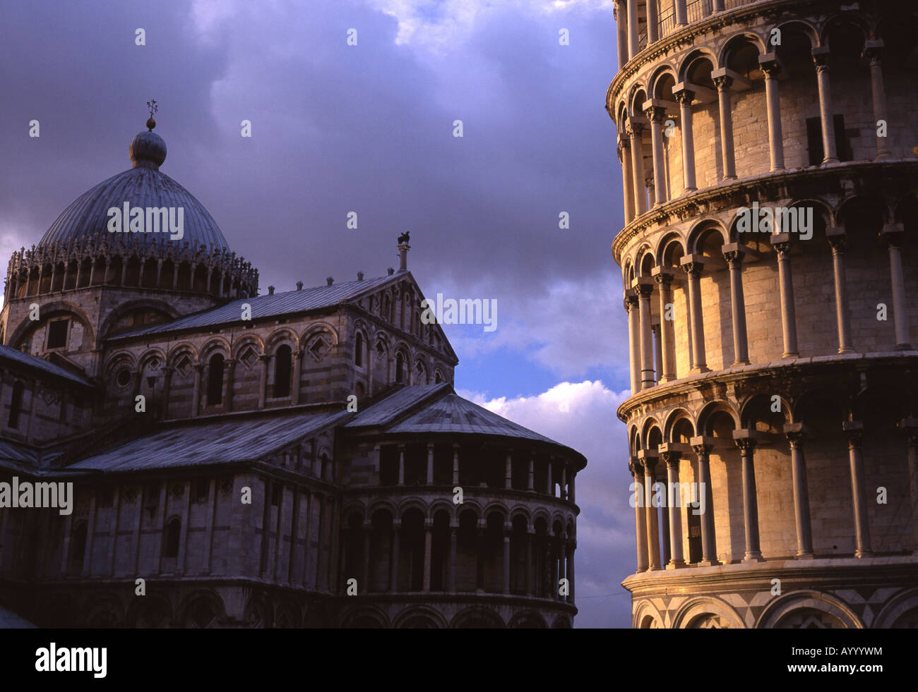 Leaning Tower of Pisa and Duomo in late evening light Pisa Tuscany Italy Stock Photo