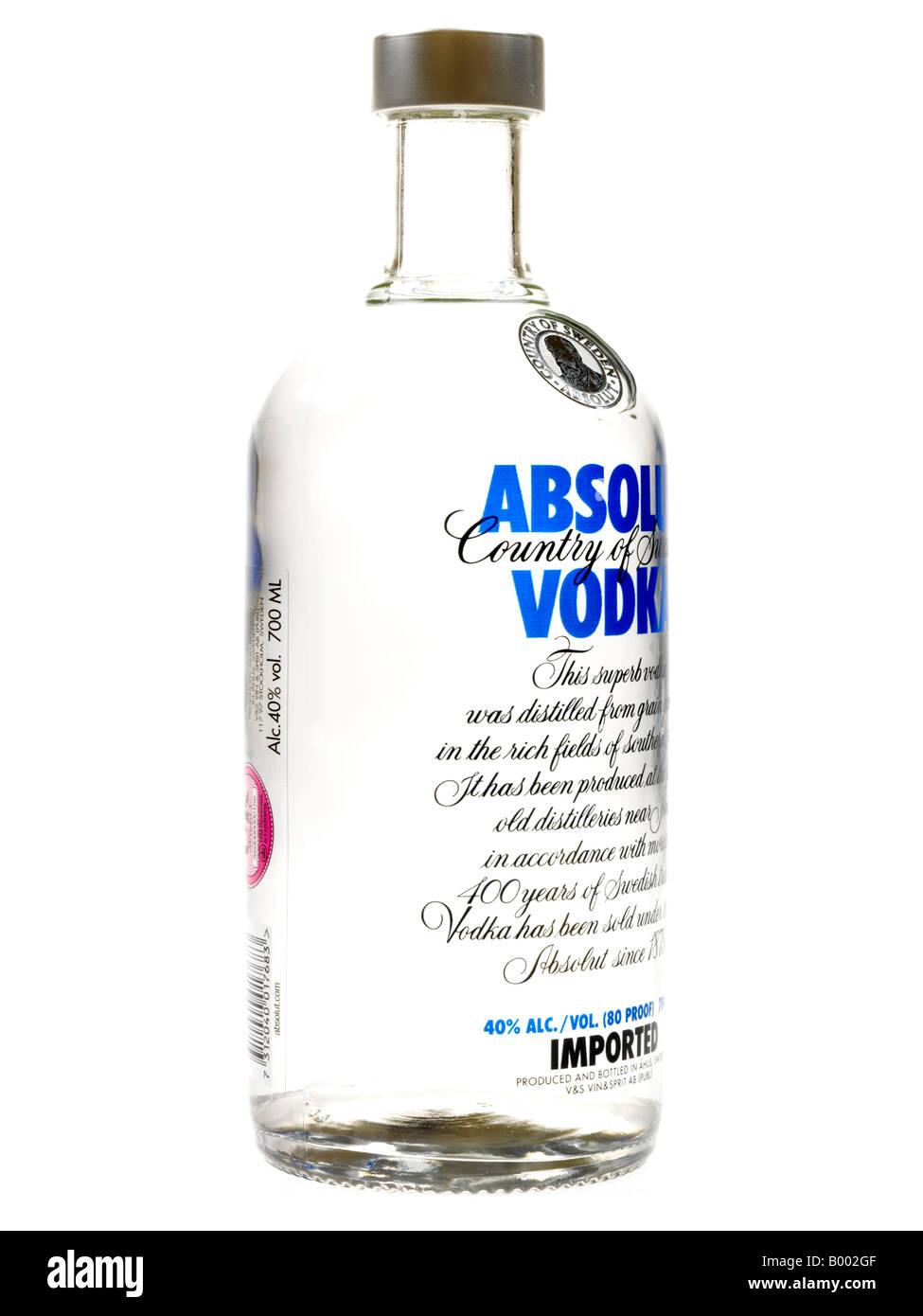 Bottle Of Imported Swedish Absolut Vodka Alcohol Unopened Ready To Drink Isolated Against A White Background with A Clipping Path and No Peeople Stock Photo