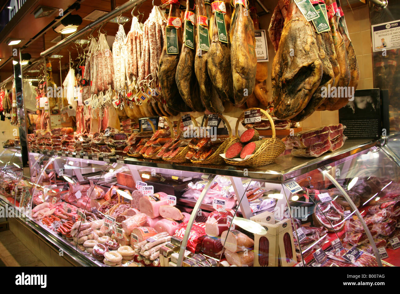 Cold Meats on a Delicatessen Stall. Mercat de La Boqueria Food Market ...