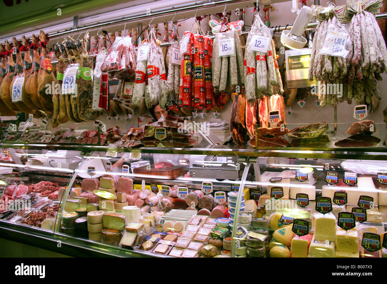 Cold Meats on a Delicatessen Stall. Mercat de La Boqueria Food Market ...