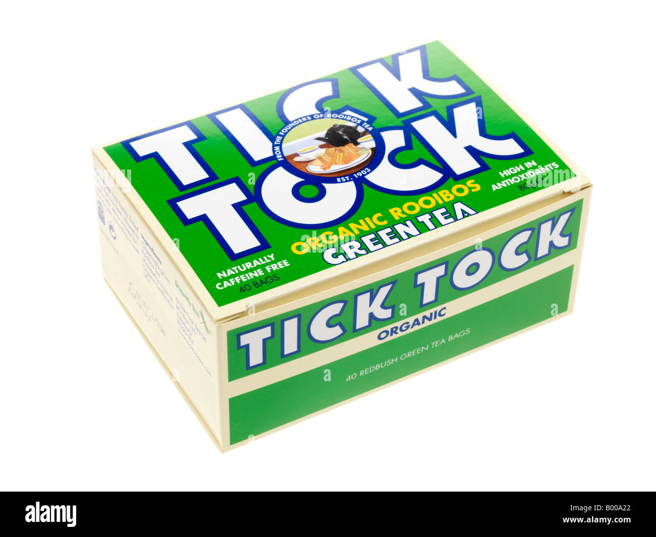 Branded Carton Of Tick Tock Organic Green Tea Bags Isolated Against A White Background And No People Stock Photo