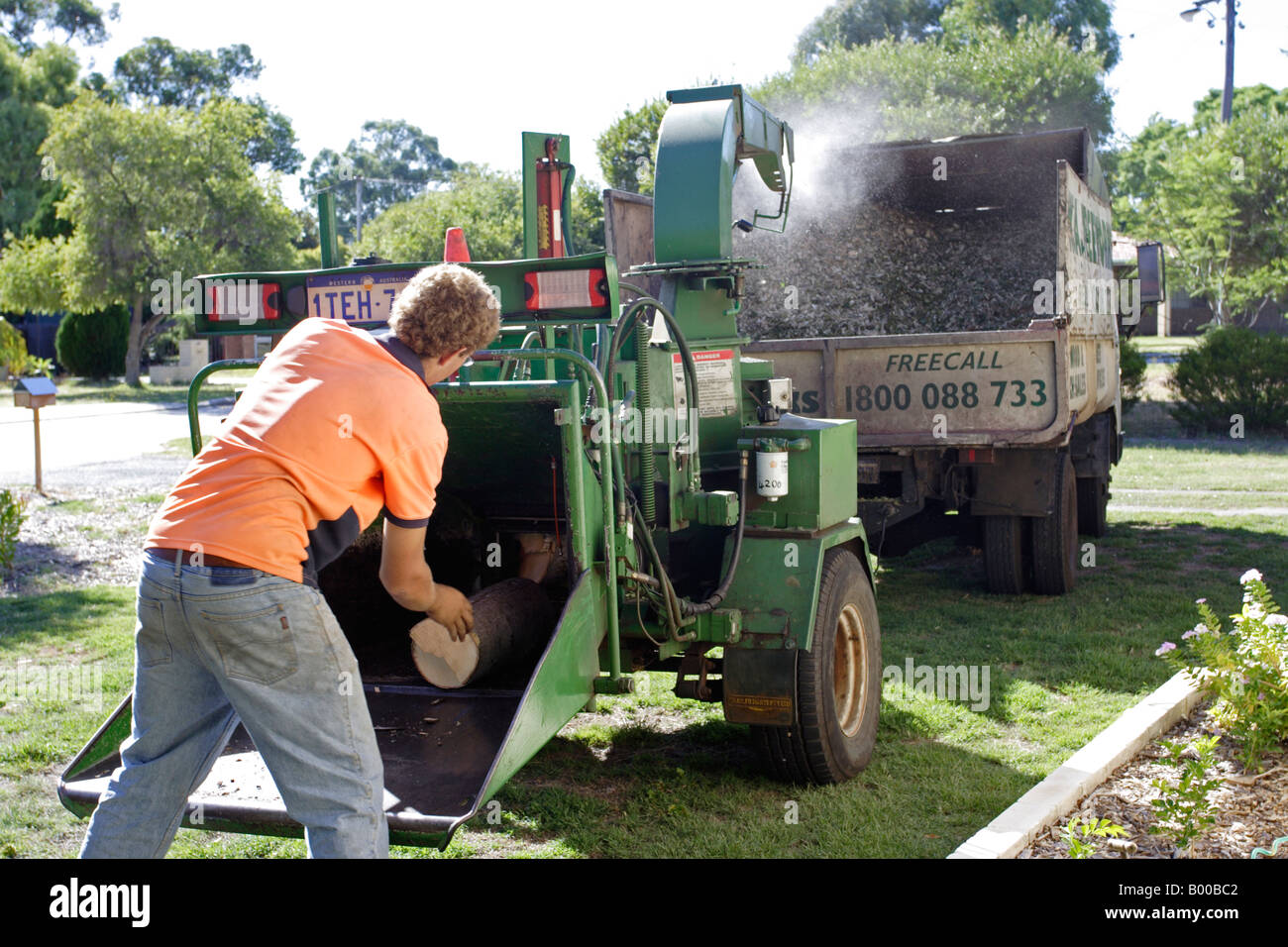 Making woodchip from a mobile machine. Ferndale suburb near Perth, Western Australia. Stock Photo