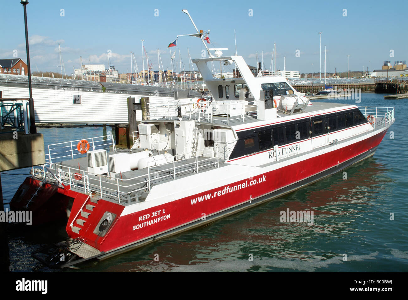 Red Jet 1 Catamaran operated by Red Funnel Company between Southampton and Cowes Isle of Wight England Stock Photo