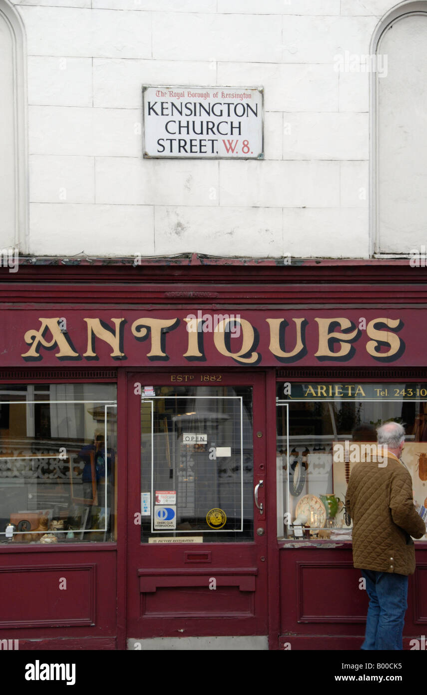 Antiques shop in Kensington Church Street Notting Hill London Stock