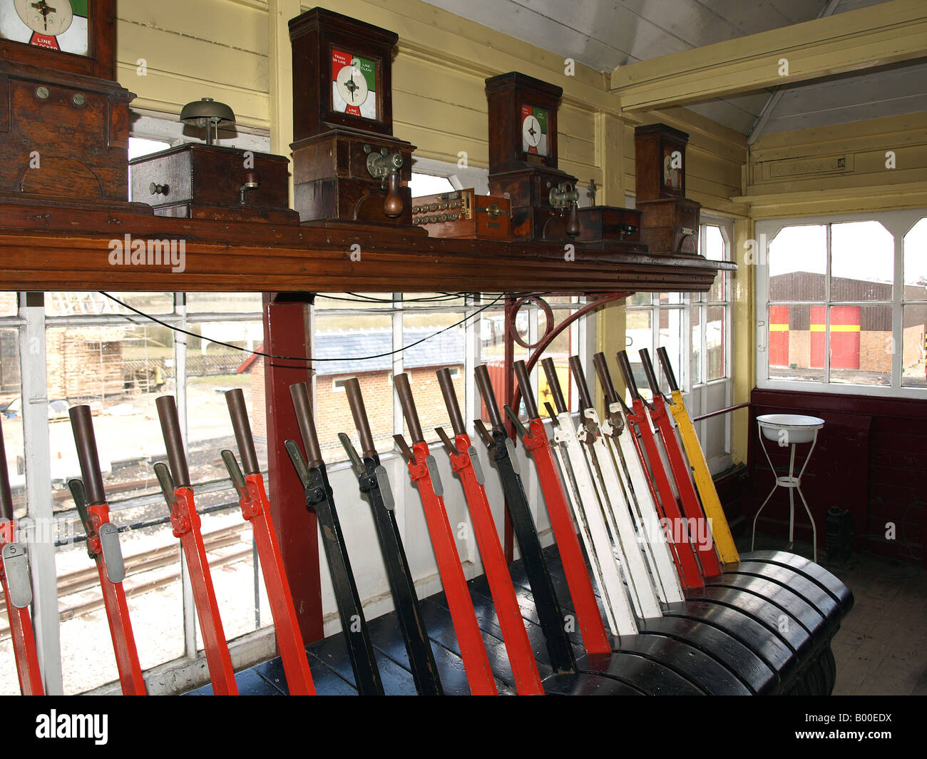 inside an old wooden railway signal box showing points and signal