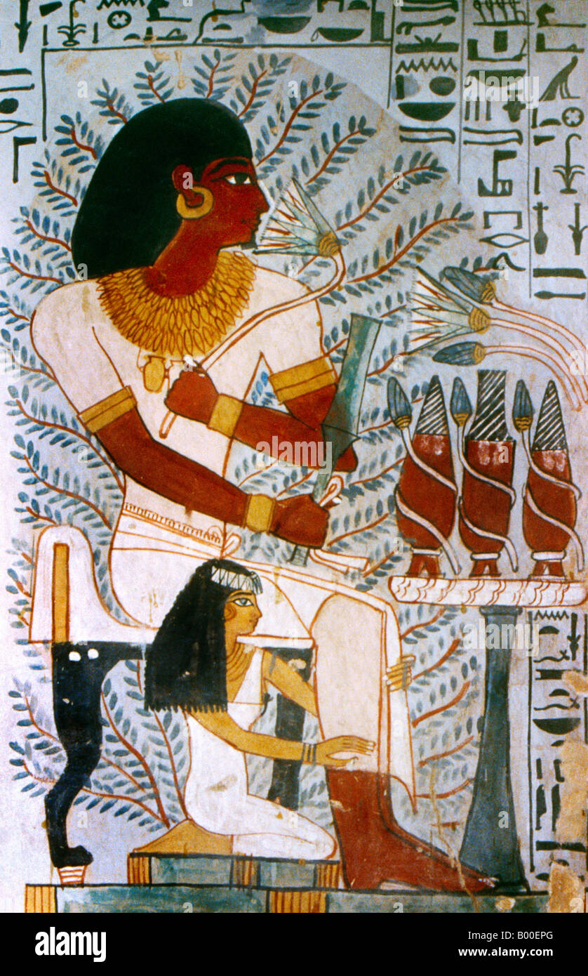 Egypt Valley of the Nobles Painting in Tomb of Sennefer (TT96)Tomb Painting of Sennefer and his Wife Meryt -Sennefer was the Mayor of the Southern Cit Stock Photo