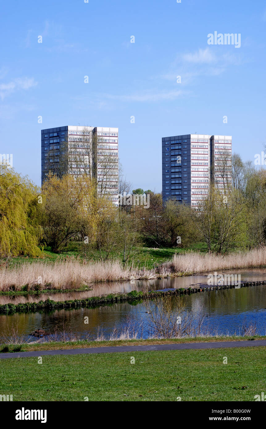 High rise flats seen across Meriden Park, Chelmsley Wood, West Midlands, England, UK Stock Photo