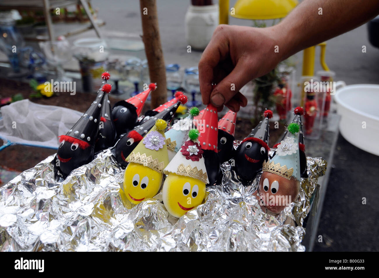 Decorated eggs on sale, a popular gift during the Iranian new year celebration. Photo taken in Tehran, Iran Stock Photo