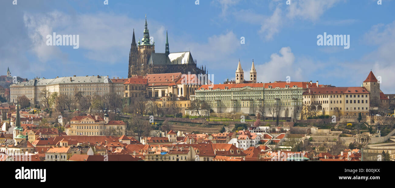 A 2 picture panoramic stitch of Saint Vitus's Cathedral located within the grounds of Prague Castle. Stock Photo