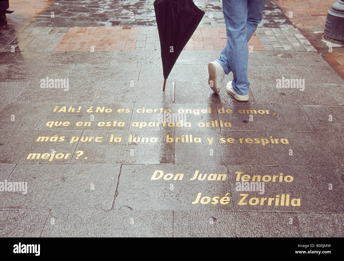Detail of Huertas street. Passage of Don Juan Tenorio written on the pavement. Barrio de las Letras. Madrid. Spain. Stock Photo