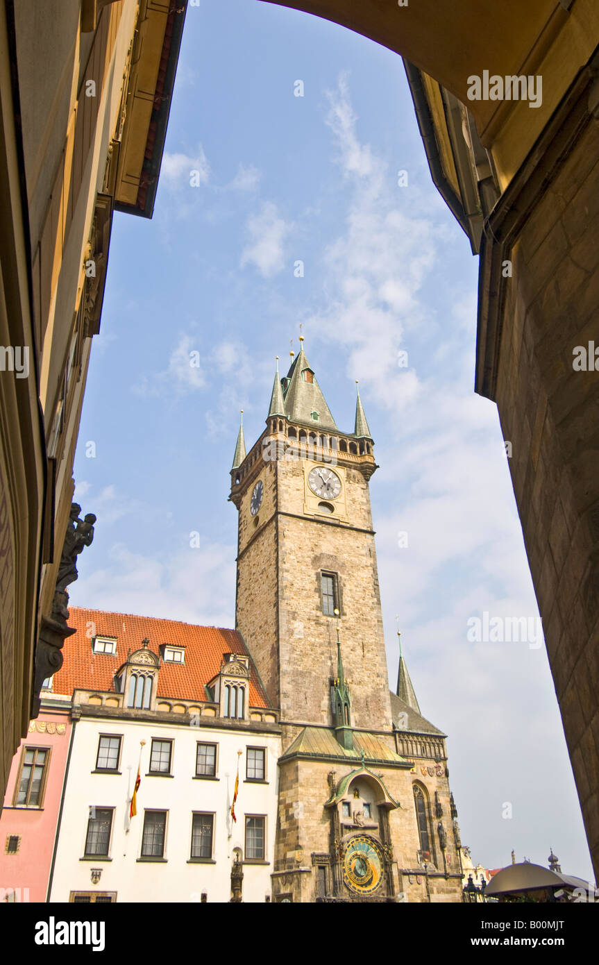 A view of the Old Town Hall Tower in the Old Town Square, Prague. Stock Photo