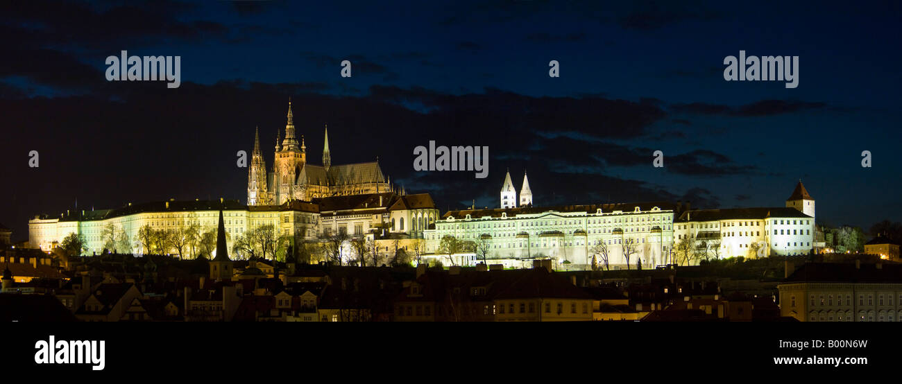 A 3 picture panoramic stitch evening night view of Saint Vitus's Cathedral located within the grounds of Prague Castle. Stock Photo