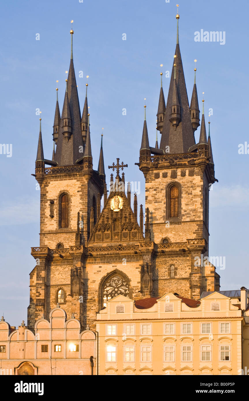 A view of the spires of the Church of Our Lady before Tyn in the Old Town Square, Prague. Stock Photo