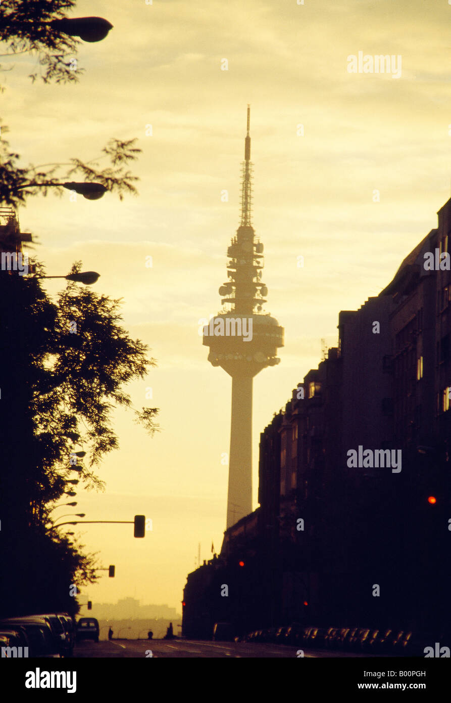 Torrespaña television tower, from O'Donnell street at sunrise. Madrid. Spain. Stock Photo
