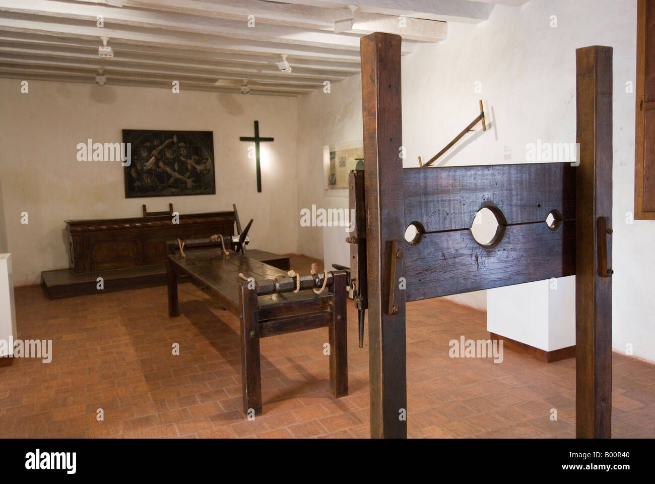 Instruments of torture in the Palace of the Inquisition, Cartagena de Indias, Colombia Stock Photo