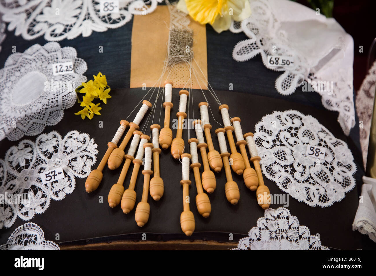 Display of lace and lacemaking in shop window in Brussels, Belgium Stock Photo