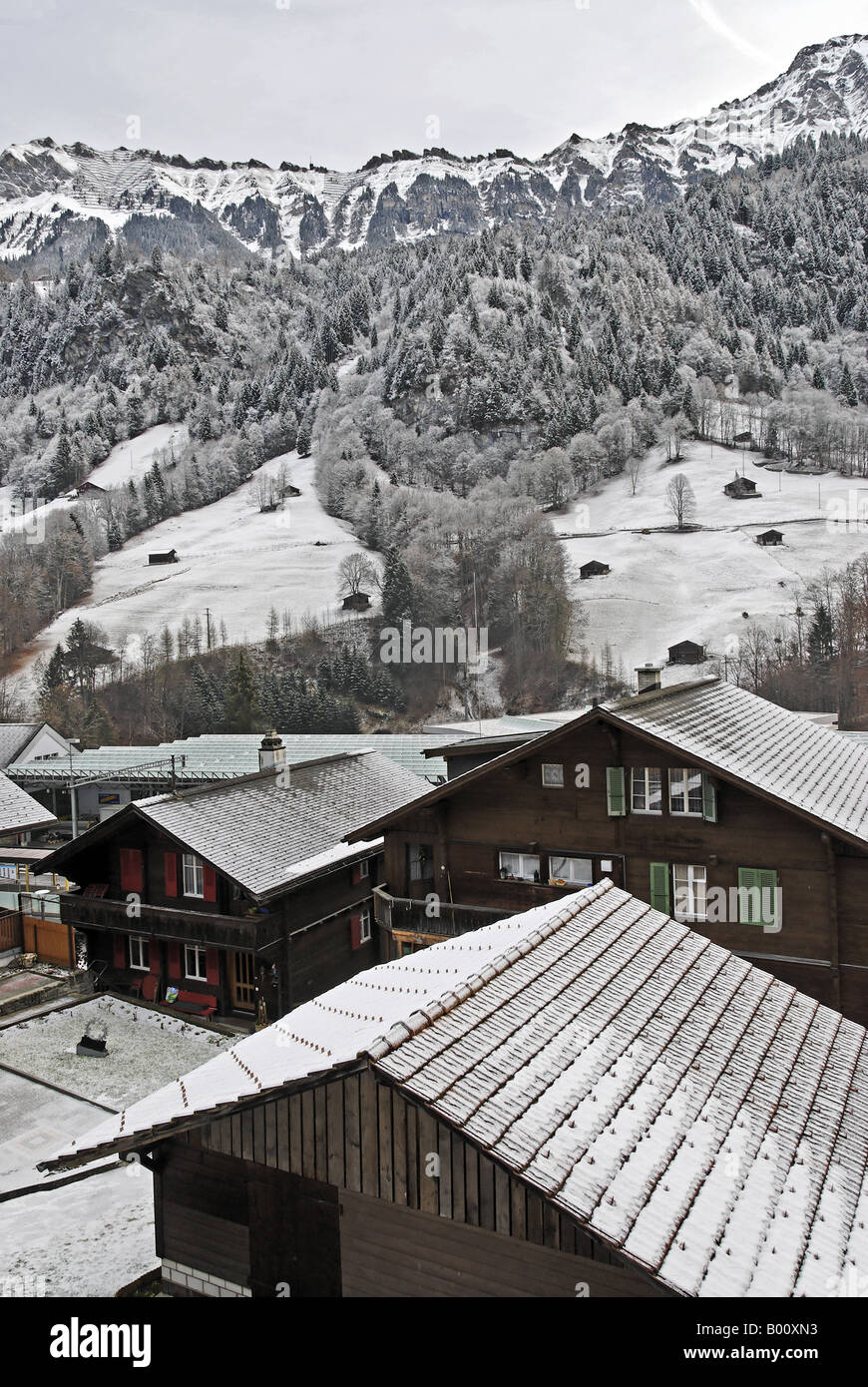 View over Log cabins, Lauterbrunnen in the Bernese Oberland in Switzerland Stock Photo
