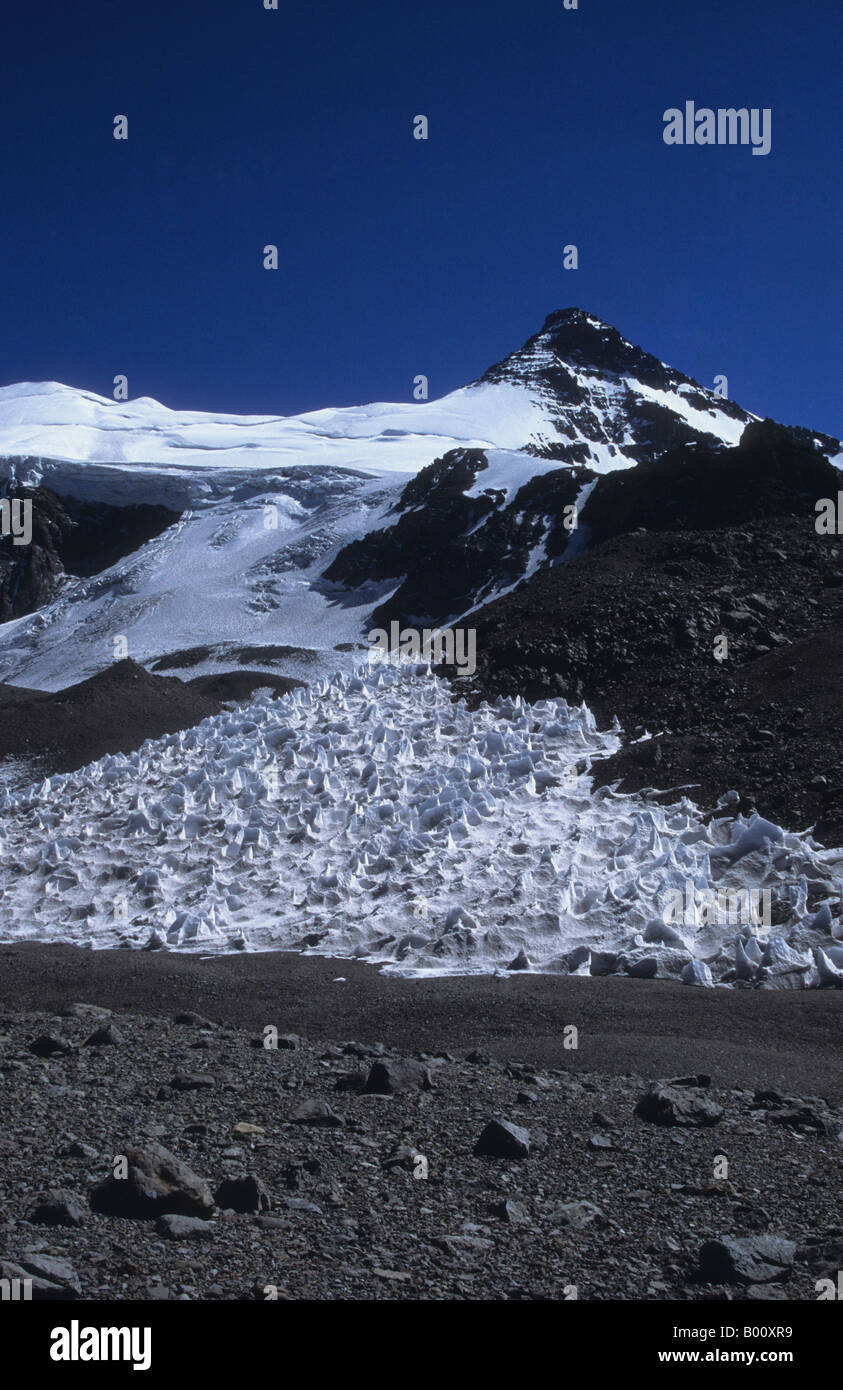 Mt Cuerno and Upper Horcones Glacier, seen from Plaza de Mulas base camp, Aconcagua Provincial Park, Argentina Stock Photo